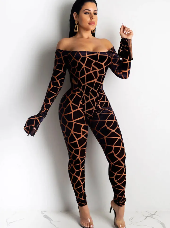 Two Pieces Printed Off Shoulder Jumpsuit Bodycon Pants