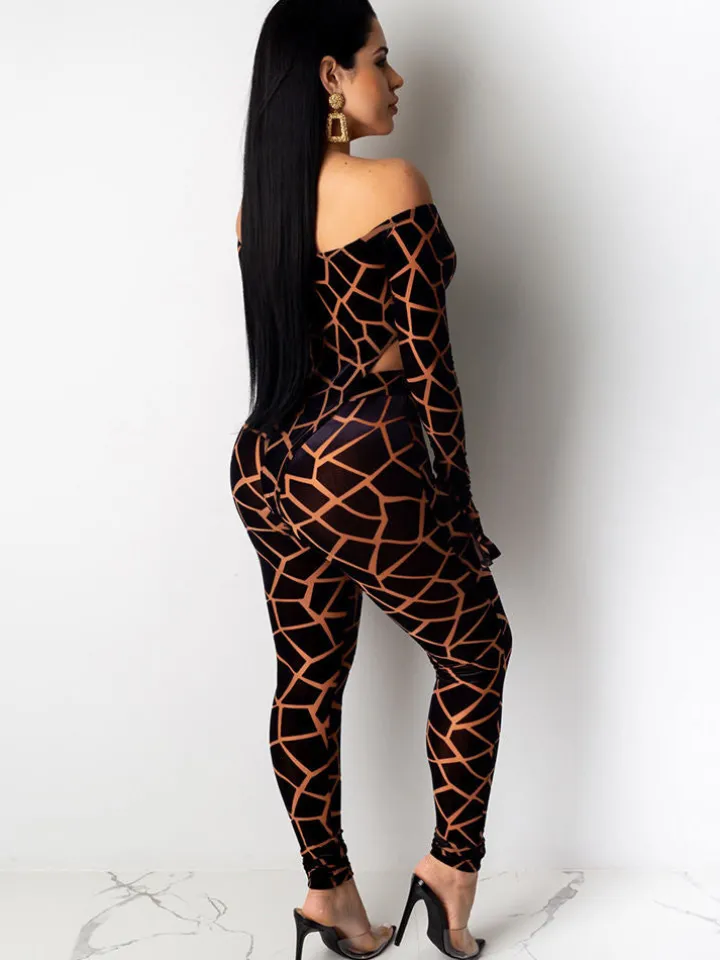 Two Pieces Printed Off Shoulder Jumpsuit Bodycon Pants