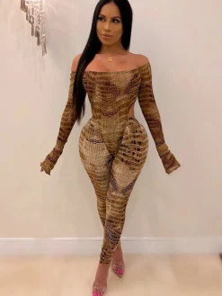 Two Pieces Printed Off Shoulder Jumpsuit Bodycon Pants