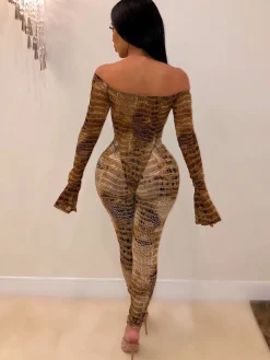 Two Pieces Printed Off Shoulder Jumpsuit Bodycon Pants