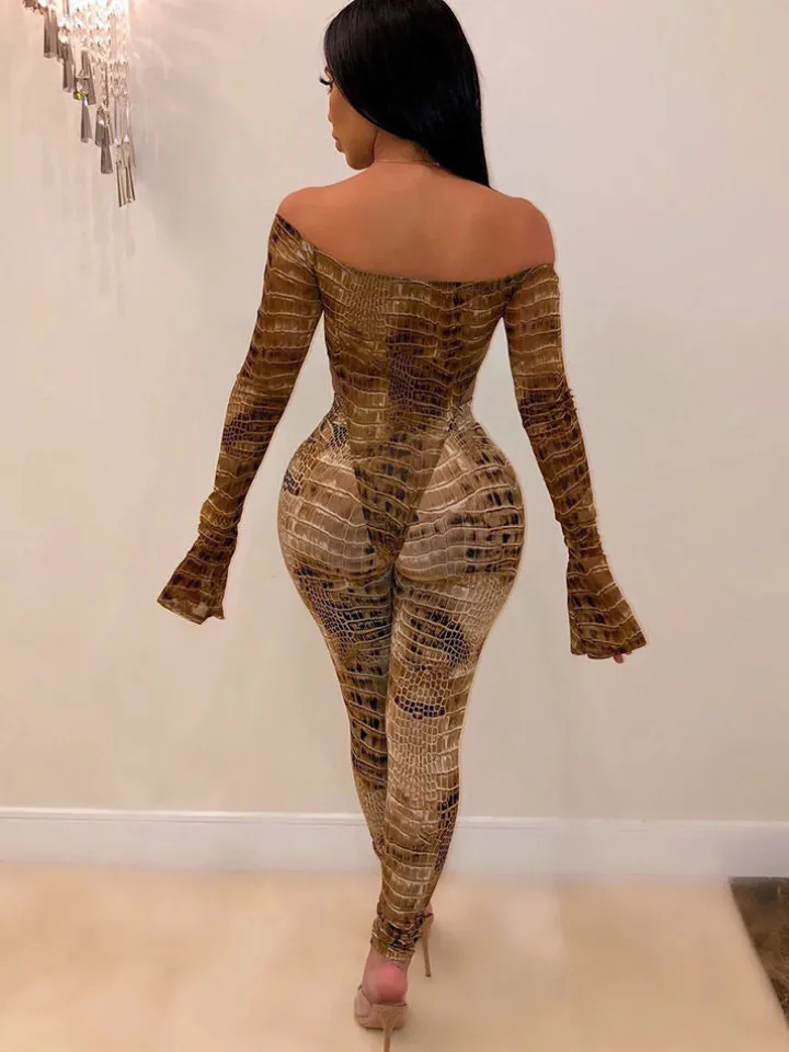 Two Pieces Printed Off Shoulder Jumpsuit Bodycon Pants
