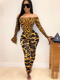 Two Pieces Printed Off Shoulder Jumpsuit Bodycon Pants