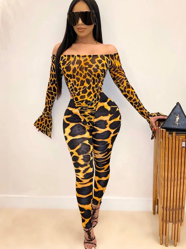 Two Pieces Printed Off Shoulder Jumpsuit Bodycon Pants