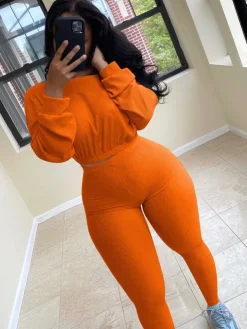 Two Pieces Ribbed Knit Top Skinny Pants