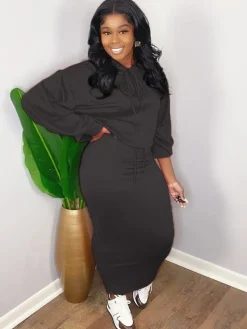 Two Pieces Scoop Neck Rib Crop Top Bodycon Skrit