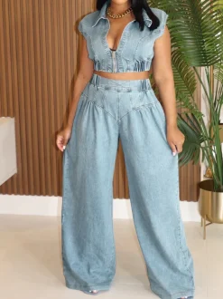 Two Pieces Sleeveless Denim Pants Set