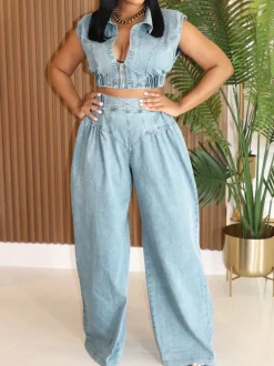 Two Pieces Sleeveless Denim Pants Set