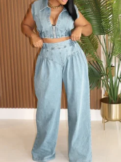 Two Pieces Sleeveless Denim Pants Set