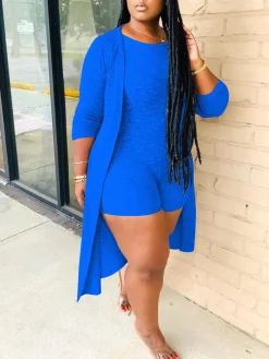 Two Pieces Solid Color Ribbed Jumpsuit Shorts Cardigan