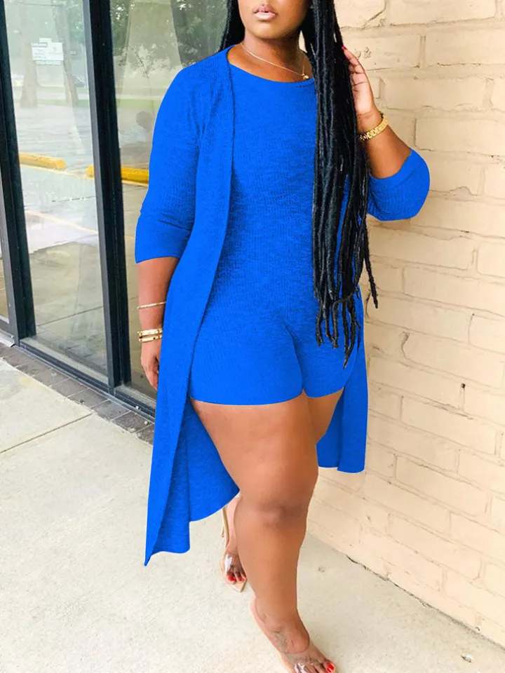 Two Pieces Solid Color Ribbed Jumpsuit Shorts Cardigan