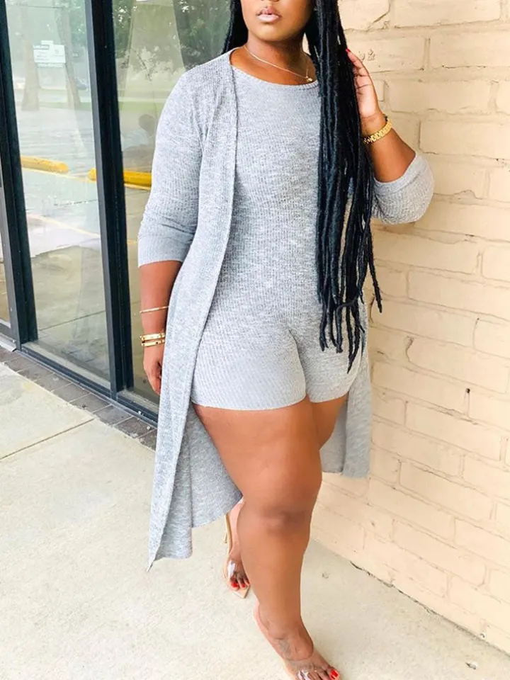 Two Pieces Solid Color Ribbed Jumpsuit Shorts Cardigan