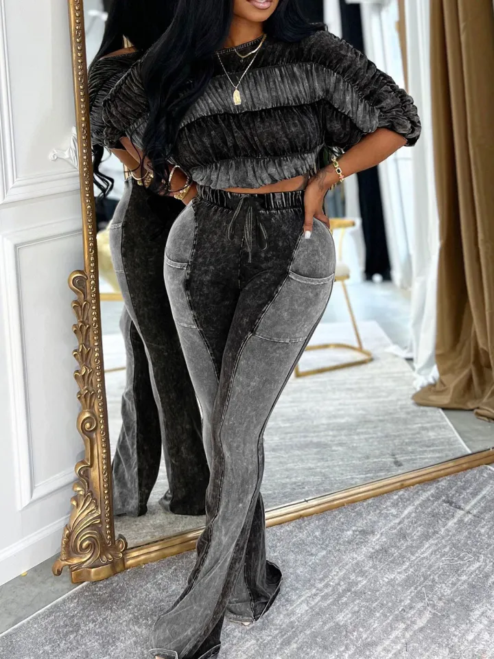 Two Pieces Solid Color Ruched Pants Set