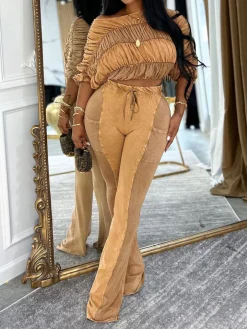 Two Pieces Solid Color Ruched Pants Set