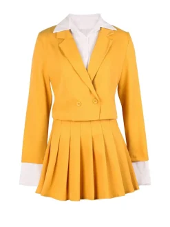 Two-Piece Blazer Shirt Collar Pleated Skirt Set