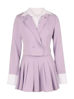 Two-Piece Blazer Shirt Collar Pleated Skirt Set