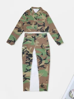 Two-Piece Camouflage Print Long Sleeve Midi Skirt Set