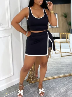 Two-Piece Contrast Trim Crop Top Skirt Shorts Set