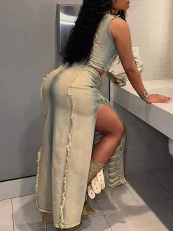 Two-Piece Distressed Denim Tank Top Split Skirt