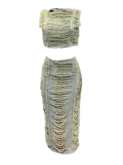 Two-Piece Distressed Denim Tank Top Split Skirt