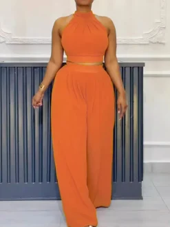 Two-Piece Halter Neck Top Wide Leg Pants Set