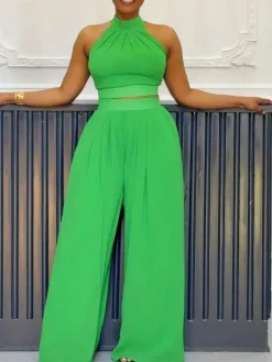 Two-Piece Halter Neck Top Wide Leg Pants Set