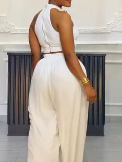 Two-Piece Halter Neck Top Wide Leg Pants Set