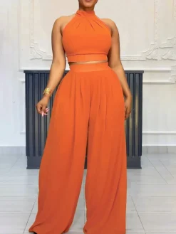 Two-Piece Halter Neck Top Wide Leg Pants Set