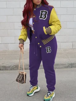 Two-Piece Letter Print Color Block Baseball Set