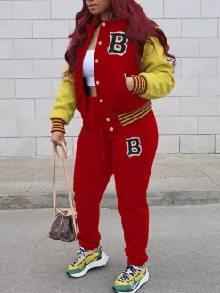 Two-Piece Letter Print Color Block Baseball Set