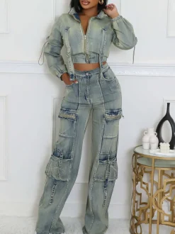 Two-Piece Multi-Pocket Denim Set