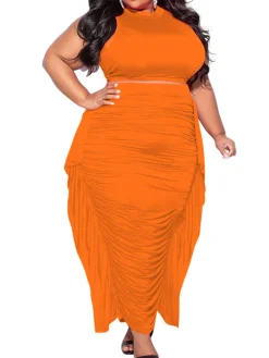 Two-Piece Plus Size Solid Color Fringe Skirt Set