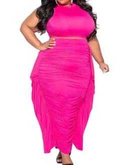 Two-Piece Plus Size Solid Color Fringe Skirt Set