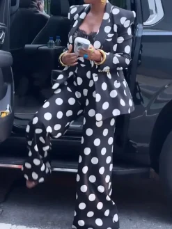 Two-Piece Polka Dot Print Pants Set with Belt