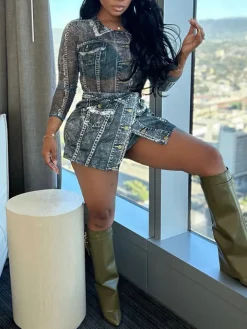 Two-Piece Printed Mesh Top Skirt Set