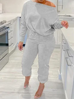 Two-Piece Solid Color Off-Shoulder Sweatshirt Set