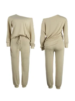 Two-Piece Solid Color Off-Shoulder Sweatshirt Set