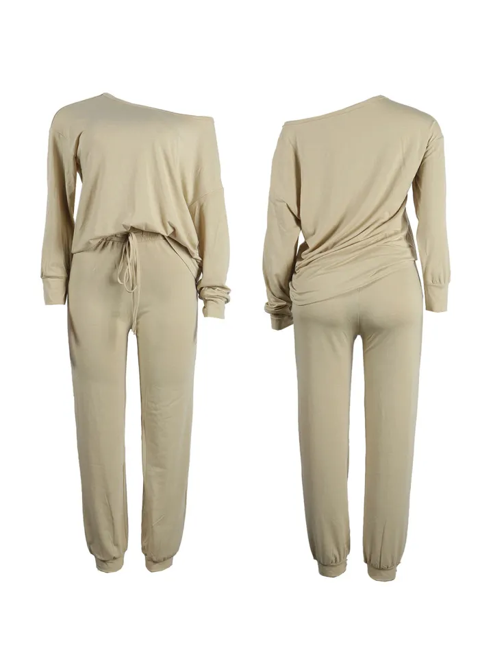 Two-Piece Solid Color Off-Shoulder Sweatshirt Set