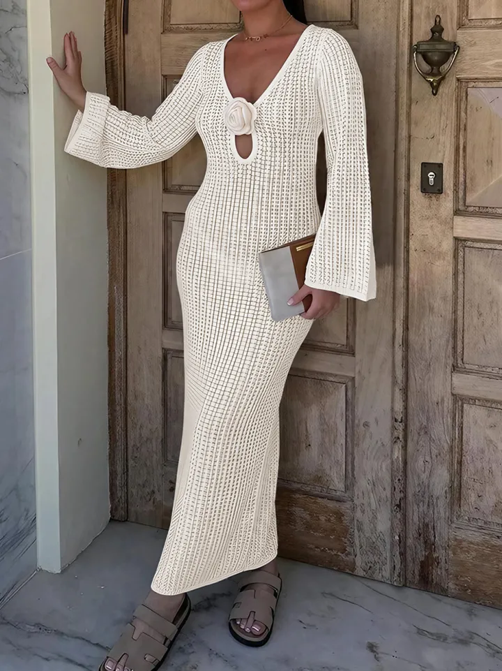 V Neck Backless Knit Beach Maxi Dress