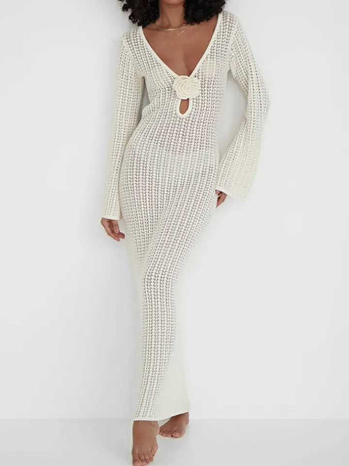 V Neck Backless Knit Beach Maxi Dress