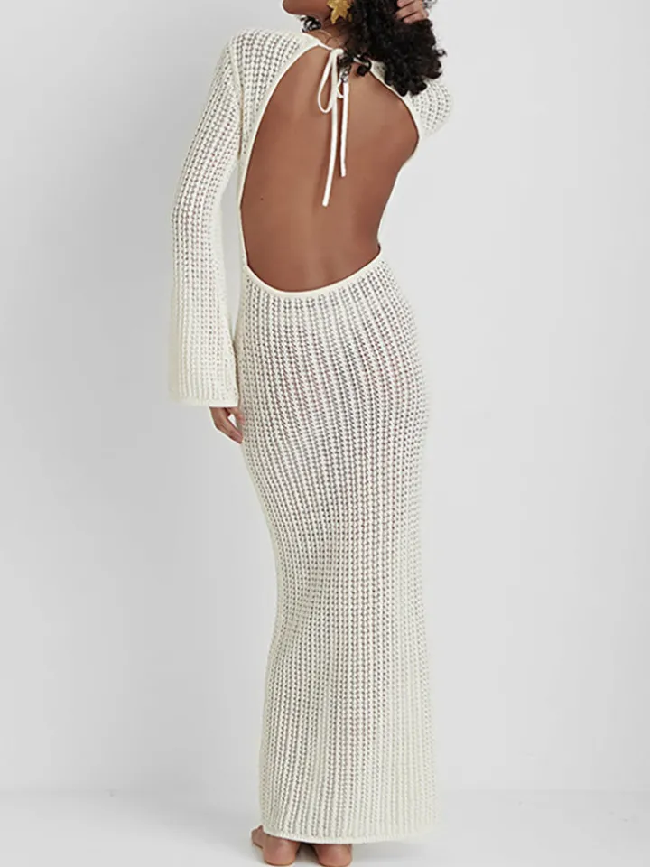 V Neck Backless Knit Beach Maxi Dress
