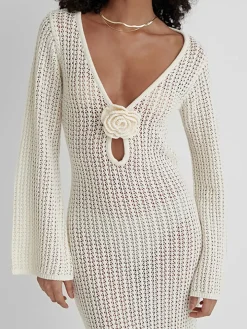 V Neck Backless Knit Beach Maxi Dress