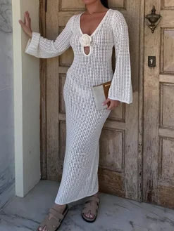 V Neck Backless Knit Beach Maxi Dress