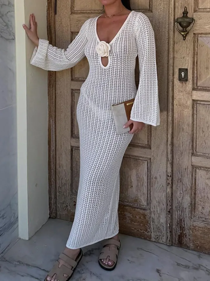 V Neck Backless Knit Beach Maxi Dress