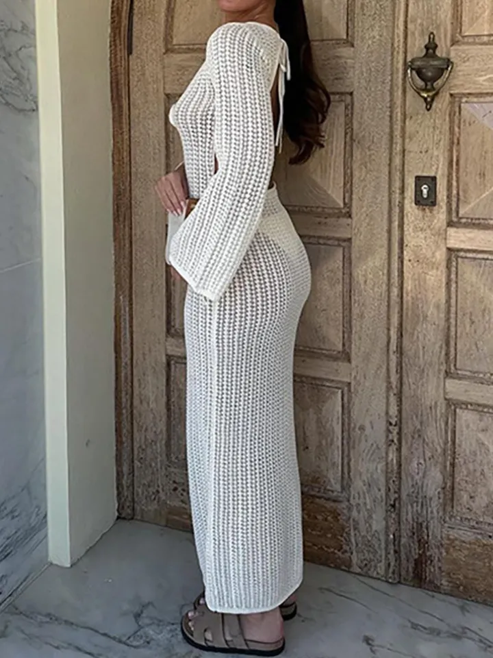 V Neck Backless Knit Beach Maxi Dress