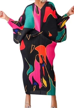 V Neck Bat Sleeve Floral Printed Dress