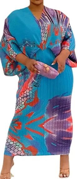 V Neck Bat Sleeve Floral Printed Dress