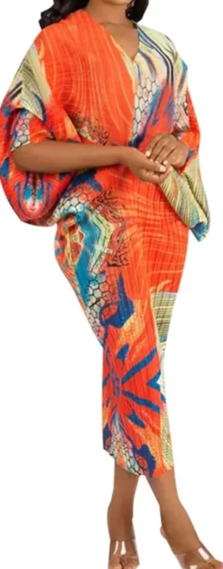 V Neck Bat Sleeve Floral Printed Dress