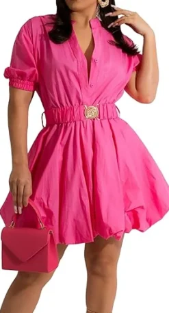 V Neck Button Down Split Puff Sleeve Dress