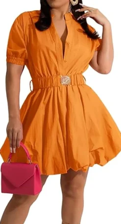 V Neck Button Down Split Puff Sleeve Dress
