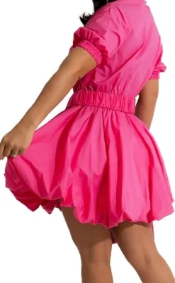 V Neck Button Down Split Puff Sleeve Dress